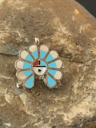 Zuni Sunface Pin Pendant | Turquoise, Mother of Pearl, Spiny Oyster | Sterling Silver | Native American Handmade | 01180