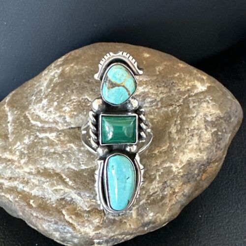 Navajo Blue Turquoise Malachite Cluster Ring | Authentic Native American Sterling Silver | Multi-Stone | Sz 10 | 17643