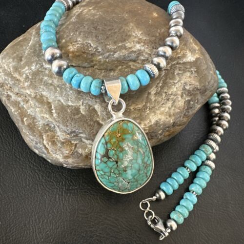 Navajo Blue Spiderweb Turquoise Pendant Necklace | Sterling Silver | Authentic Native American Handmade | 16936