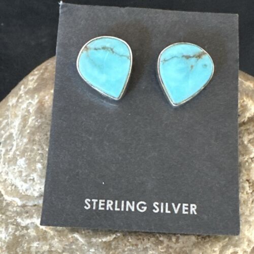 Navajo Blue Kingman Turquoise Post Stud Earrings | Sterling Silver | Authentic Native American Handmade | 17467