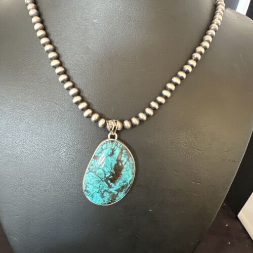 Men's Navajo Blue Spiderweb Turquoise Pendant Necklace | Sterling Silver | Authentic Native American Handmade | 16273