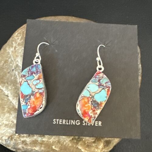 Navajo Blue Turquoise Red Spiny Oyster Inlay Dangle Earrings | Sterling Silver | 15579