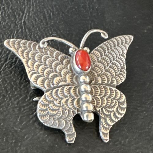 Navajo Butterfly Red Coral Pin Pendant | Sterling Silver | 1.25" | Authentic Native American Handmade | 15526