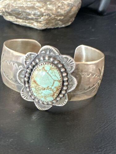 XL Men's Blue #8 Turquoise Cuff Bracelet | Navajo Sterling Silver | Authentic Native American Handmade | 15855