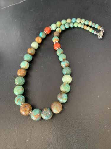 Navajo Green Turquoise & Apple Coral Graduated Necklace | Sterling Silver | Authentic Native American | 18" | 13204