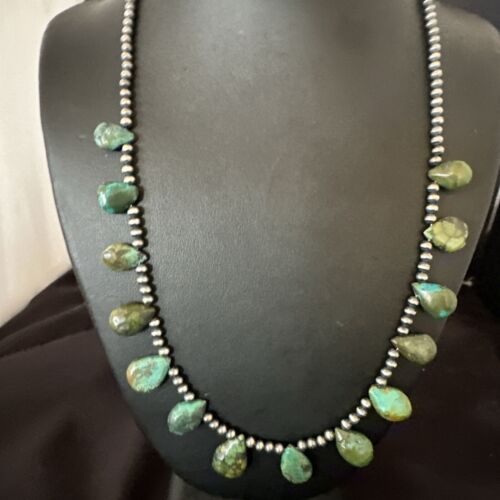 Navajo Pearls Green Teardrop Turquoise Necklace | Sterling Silver | 22" | Authentic Native American Handmade | 16957
