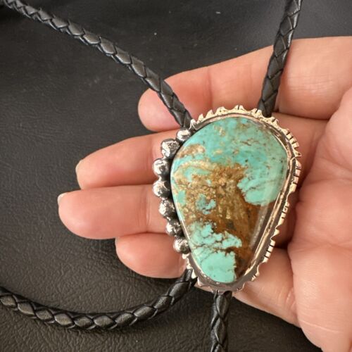 Men's Blue Turquoise #8 Bolo Tie | Navajo Sterling Silver | Authentic Native American Handmade | 16810