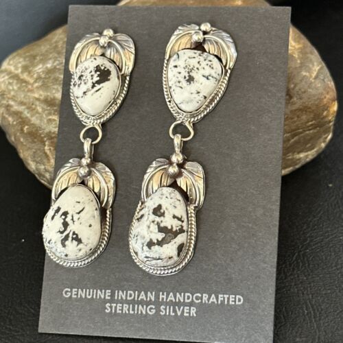 Navajo White Buffalo Turquoise Dangle Earrings | Sterling Silver | 2.5" | Authentic Native American Handmade | 14741