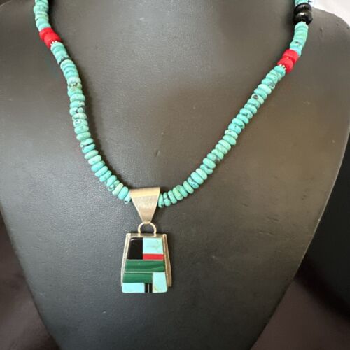 Navajo Turquoise Lapis Inlay Pendant Necklace | Sterling Silver | 20" | Authentic Native American Handmade | 17508