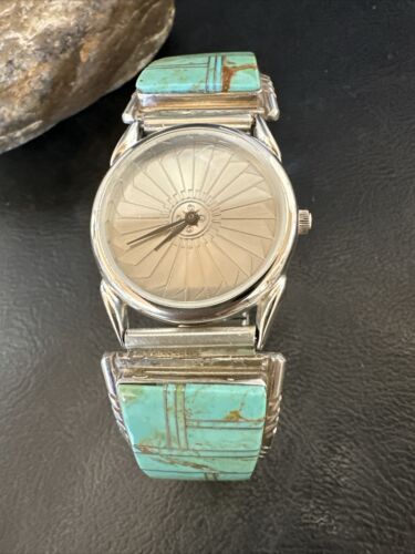 Navajo Men's Blue Turquoise Inlay Watch Tips Band | Sterling Silver | Multi-Stone | 17588