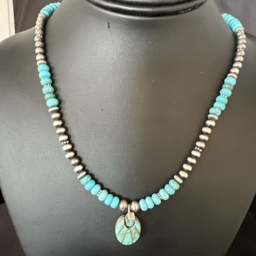 Navajo Blue Turquoise Inlay Pendant | Sterling Silver Necklace | Authentic Native American Handmade | 15423