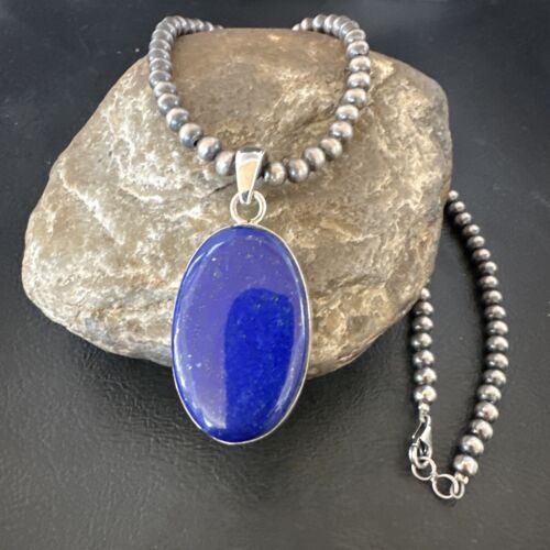 Navajo Blue Lapis Pendant with Pearls | Sterling Silver Necklace | 20" | Authentic Native American Handmade | 16661