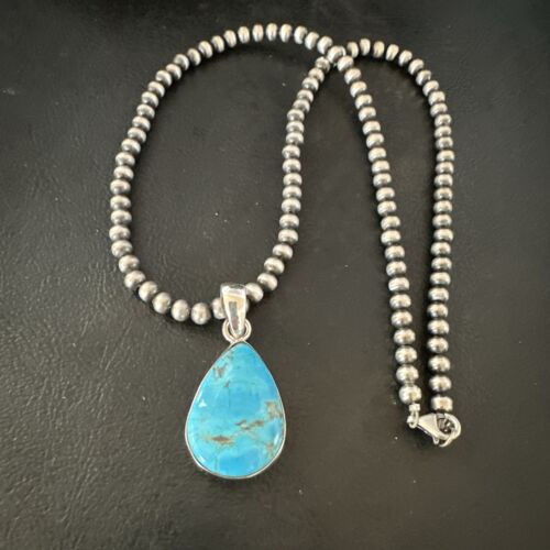 Blue Kingman Turquoise Pendant | Navajo Pearls | Sterling Silver Necklace 20" | 17010