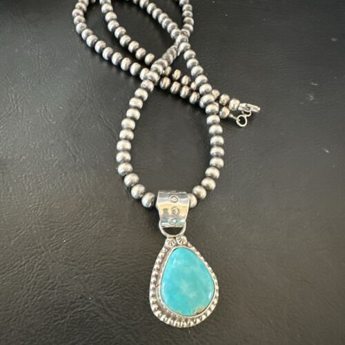 Navajo Pearls Kingman Turquoise Pendant Necklace | Sterling Silver | Native American Handmade | 17135
