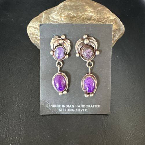 Navajo Purple Sugilite Charoite Dangle Earrings | Sterling Silver | 2" | Authentic Native American Handmade | 15258