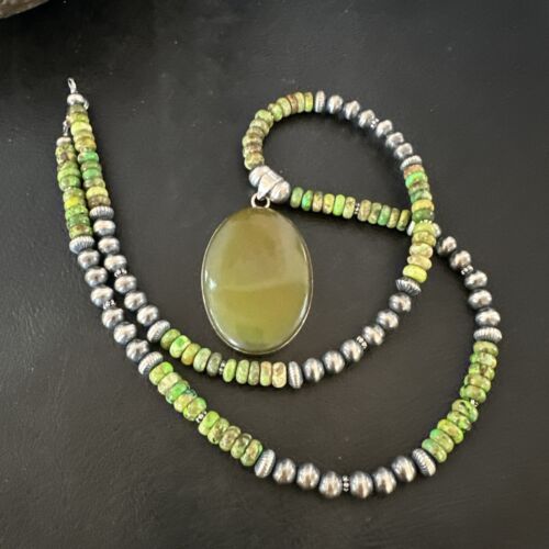 Navajo Green Turquoise Pendant Necklace | Sterling Silver | Authentic Native American Handmade | 16918