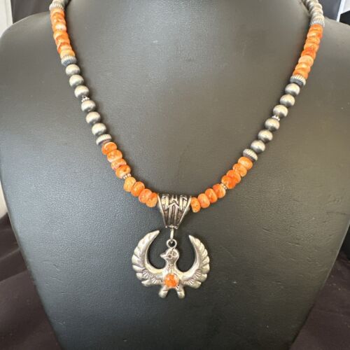 Navajo Thunderbird Orange Spiny Oyster Pendant Necklace | Sterling Silver | Authentic Native American Handmade | 16852