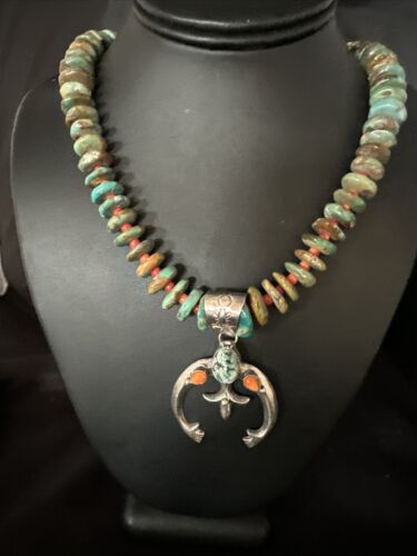 Navajo Turquoise Spiny Oyster Naja Pendant Necklace | Sterling Silver | 28" | Authentic Native American Handmade | 14846