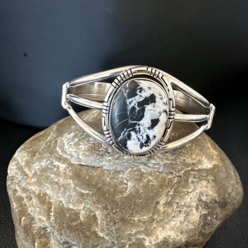 Navajo White Buffalo Turquoise Cuff Bracelet | Sterling Silver | Authentic Native American Handmade | 16251