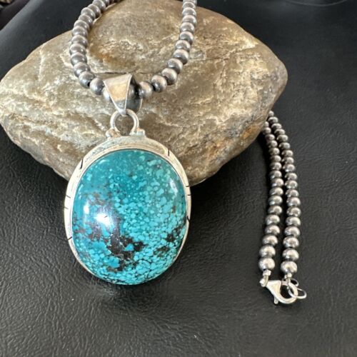 Navajo Blue Spiderweb Turquoise Pendant Necklace | Sterling Silver | Authentic Native American Handmade | 16199