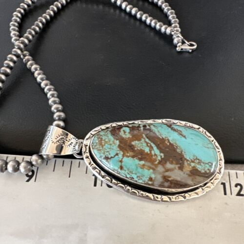 Navajo Blue Turquoise #8 Pendant Necklace | Sterling Silver Pearls | Authentic Native American Handmade | 16346