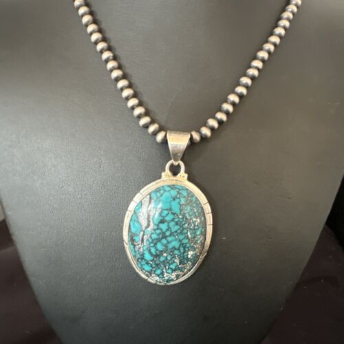 Men's Navajo Blue Spiderweb Turquoise Pendant Necklace | Sterling Silver | Authentic Native American Handmade | 16193
