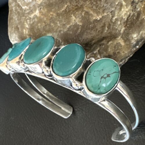 Women's Blue Turquoise 5-Stone Cuff Bracelet | Navajo Sterling Silver | Authentic Native American Jewelry | 16281