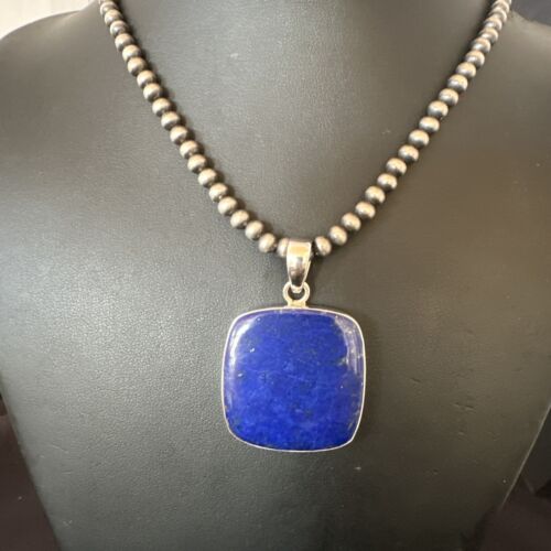 Navajo Blue Lapis Pendant with Pearls | Sterling Silver Necklace | 20" | Authentic Native American Handmade | 16665
