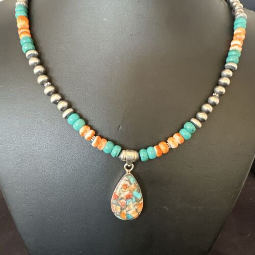 Navajo Spiny Turquoise Pendant Necklace | Sterling Silver | 22" | Authentic Native American Handmade | 17414