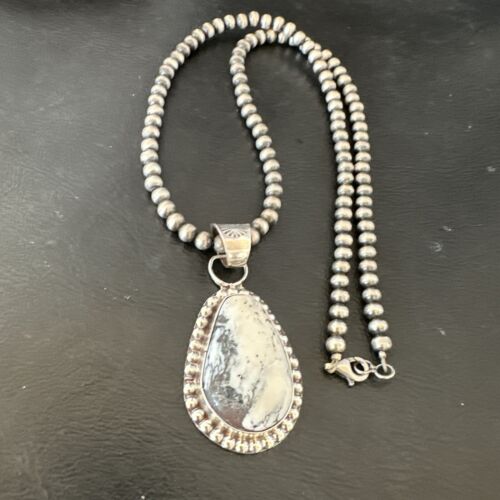 White Buffalo Turquoise Pendant | Navajo Pearls Sterling Silver Necklace | Authentic Native American Handmade | 17108