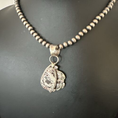 White Buffalo Turquoise Pendant | Navajo Pearls Sterling Silver Necklace 21" | Handmade Jewelry 17329