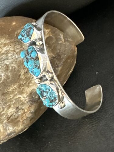 Blue Kingman Turquoise 3 Stone Cuff Bracelet | Navajo Sterling Silver | Authentic Native American Handmade | 15045