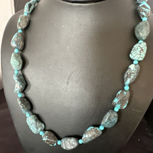 Navajo Blue Nugget Turquoise Bead Necklace | Sterling Silver Pearls | 20" | Authentic Native American Handmade | 16002