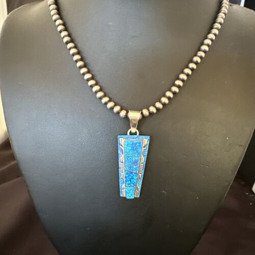 Navajo Blue Opal Inlay Pendant | Sterling Silver Necklace with Pearls | Authentic Native American Handmade | 16905