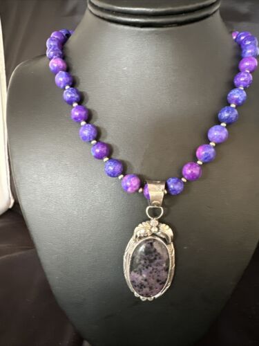 Navajo Purple Sugilite Pendant Necklace | Sterling Silver Pearls | Authentic Native American Handmade | 14874