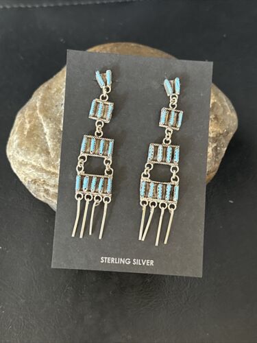 Zuni Kingman Turquoise Needle Point Dangle Earrings | Sterling Silver | 4 Tier | 14872
