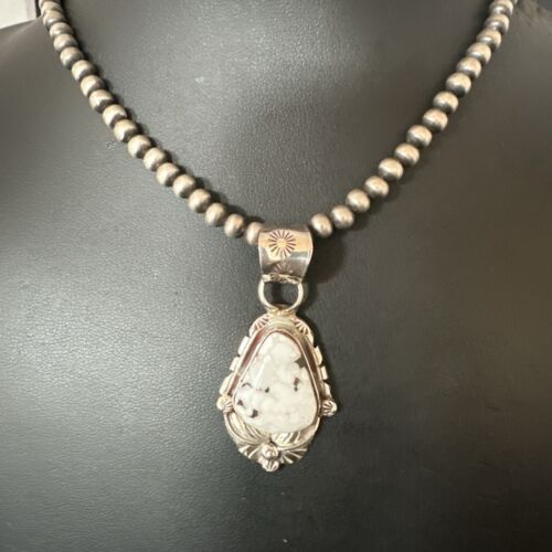 Men's White Buffalo Turquoise Pendant Necklace | Navajo Pearls | Sterling Silver | Native American Handmade | 17335