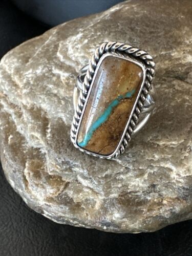 Navajo Ribbon Boulder Green Turquoise Ring | Sterling Silver | Sz 8.5 | Authentic Native American Handmade | 16386