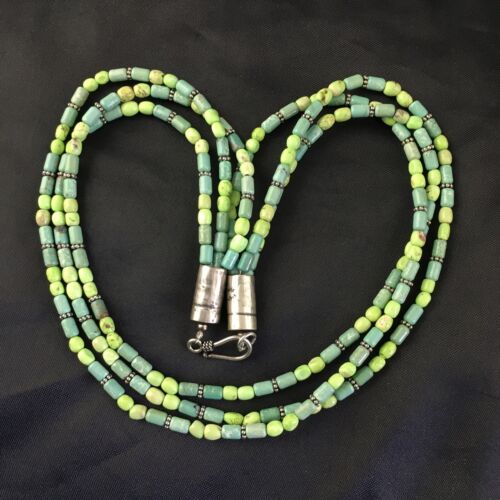 Navajo Blue Green Turquoise Necklace | 3-Strand | Sterling Silver | 17" | Authentic Native American Handmade | 10245