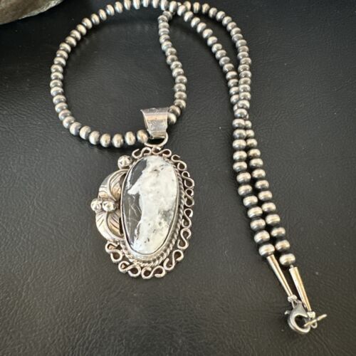 Navajo White Buffalo Turquoise Pendant Necklace | Sterling Silver | Authentic Native American Handmade | 15617