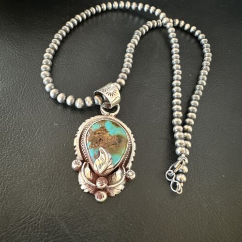 Navajo Blue Turquoise Pendant Necklace | Sterling Silver Pearls | Authentic Native American Handmade | 15655