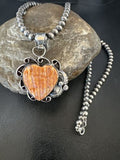 Navajo Orange Spiny Oyster Heart Pendant Necklace | Sterling Silver | Authentic Native American Handmade | 16420