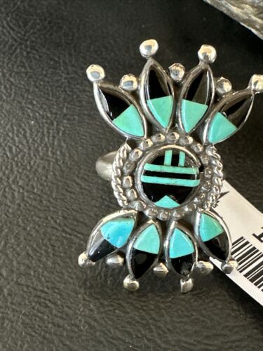 Zuni Blue Turquoise Black Onyx Sunface Inlay Ring | Sterling Silver | Sz 8 | 16432