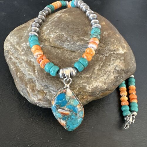 Navajo Spiny Turquoise Pendant Necklace | Sterling Silver | 22" | Authentic Native American Handmade | 17415