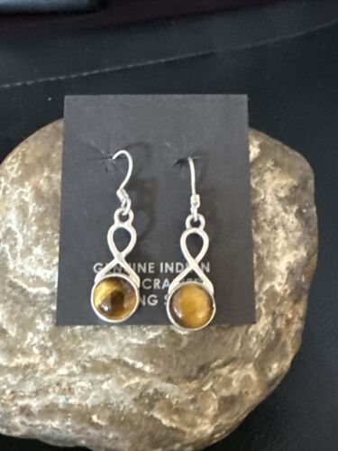 Navajo Coffee Tiger's Eye Dangle Earrings | Sterling Silver | Authentic Native American Handmade | 14921