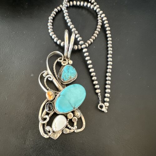 Navajo White Buffalo Kingman Turquoise Sterling Silver Pendant Necklace | 21" | Handmade 15949