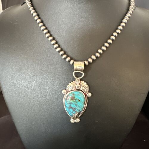 Navajo Blue Turquoise Pendant Necklace | Sterling Silver Pearls | Authentic Native American Handmade | 15647