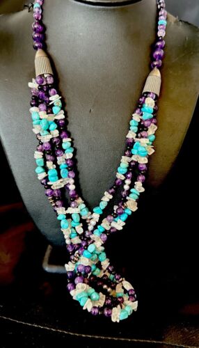Purple Amethyst Blue Turquoise Necklace | Sterling Silver | Authentic Native American Handmade | 17506