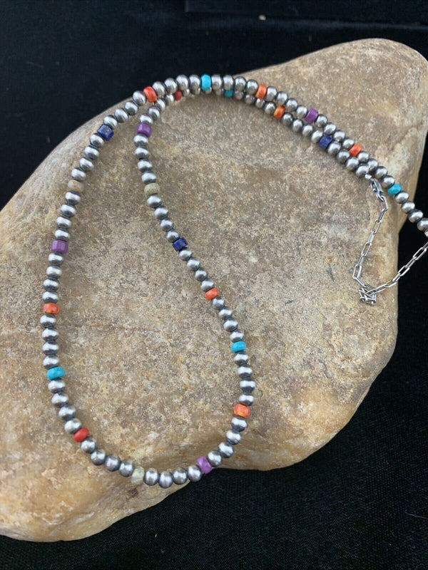 Native American Navajo Pearls Necklace | 4mm Sterling Silver Beads | 16" | Single Strand | 10870