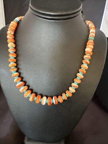 Navajo Orange Spiny Blue Turquoise Necklace | Sterling Silver | 23" | Authentic Native American Handmade | 17544